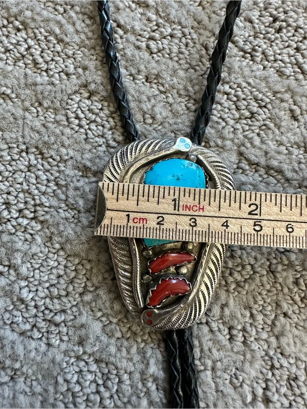 Effie Calavaza Zuni Sterling Silver Turquoise Coral Snake Bolo Tie